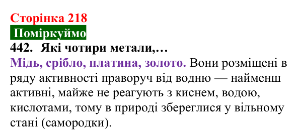 Відповідь до завдання 442 (с. 218) з хімії для 8 класу (Попель, 2025): Метали як реагенти. Окисно-відновні реакції