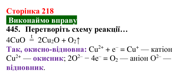 Відповідь до завдання 445 (с. 218) з хімії для 8 класу (Попель, 2025): Метали як реагенти. Окисно-відновні реакції