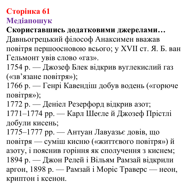 Відповідь до рубрики «Медіапошук» (с. 61) з хімії для 8 класу (Ярошенко, 2025): Повітря — унікальна суміш