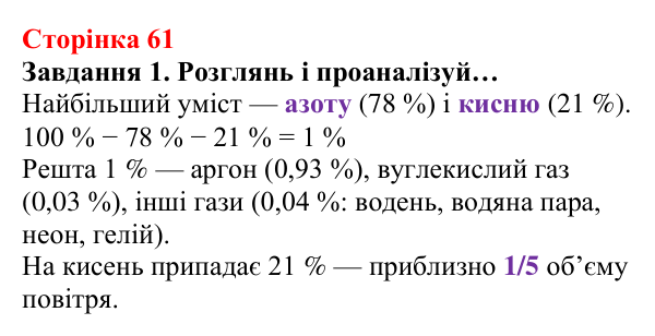 Відповідь до завдання 1 (с. 61) з хімії для 8 класу (Ярошенко, 2025): Повітря — унікальна суміш