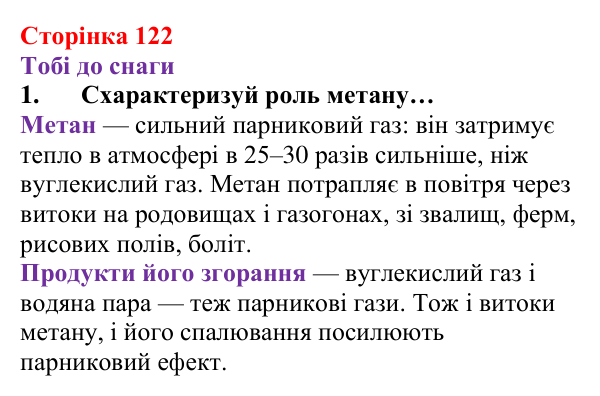 Відповідь до завдання 1 (с. 122) з хімії для 8 класу (Ярошенко, 2025): Метан CH4 як паливо, біогаз та парниковий газ