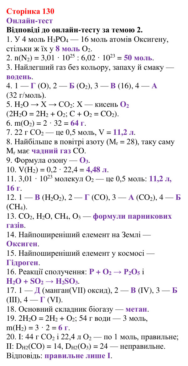 Відповідь до рубрики «Онлайн-тест» (с. 130) з хімії для 8 класу (Ярошенко, 2025): Діагностування результатів вивчення теми...