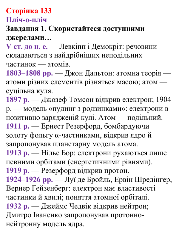 Відповідь до завдання 1 (с. 133) з хімії для 8 класу (Ярошенко, 2025): Субатомні частинки