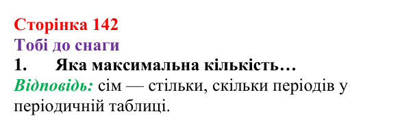 Відповідь до завдання 1 (с. 142) з хімії для 8 класу (Ярошенко, 2025): Електронна оболонка атомів