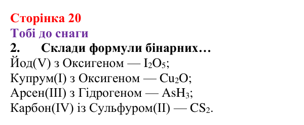 Відповідь до завдання 2 (с. 20) з хімії для 8 класу (Ярошенко, 2025): Як складають формули і назви бінарних сполук