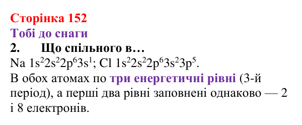 Відповідь до завдання 2 (с. 152) з хімії для 8 класу (Ярошенко, 2025): Електронні оболонки атомів і властивості хімічних...