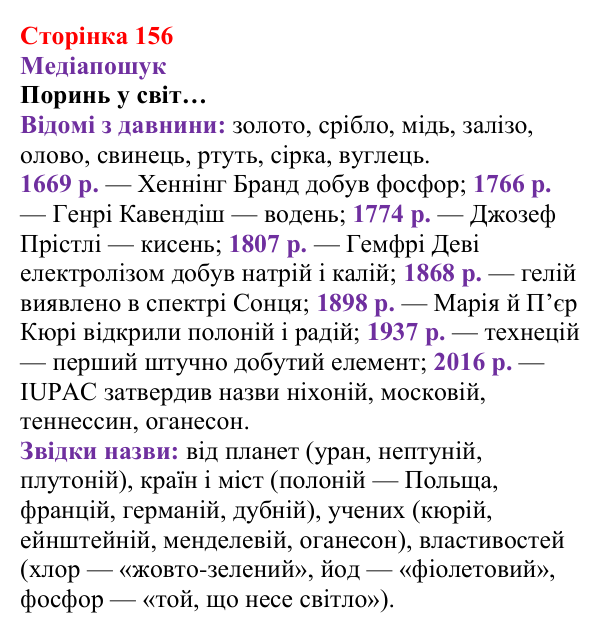 Відповідь до рубрики «Медіапошук» (с. 156) з хімії для 8 класу (Ярошенко, 2025): Періодичний закон, його значення
