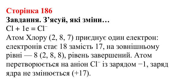 Відповідь до завдання (с. 186) з хімії для 8 класу (Ярошенко, 2025): Хімічний зв’язок і будова електронних оболонок атомів