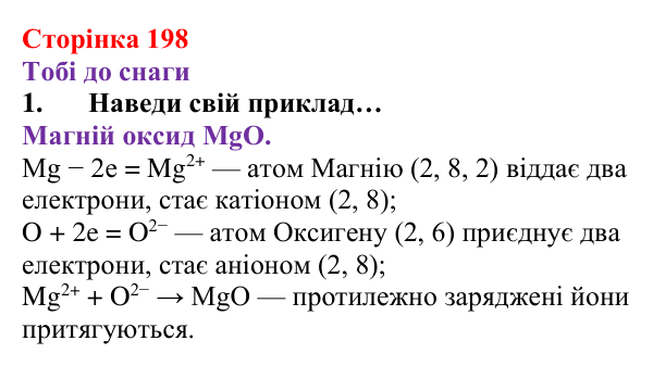 Відповідь до завдання 1 (с. 198) з хімії для 8 класу (Ярошенко, 2025): Модель йонного зв’язку. Йонні кристали