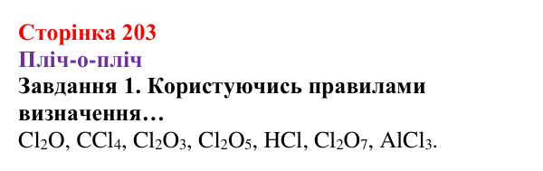 Відповідь до завдання 1 (с. 203) з хімії для 8 класу (Ярошенко, 2025): Поняття про ступені окиснення хімічних елементів