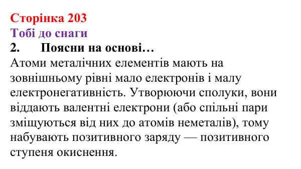 Відповідь до завдання 2 (с. 203) з хімії для 8 класу (Ярошенко, 2025): Поняття про ступені окиснення хімічних елементів