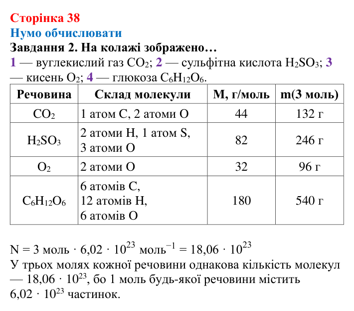 Відповідь до завдання 2 (с. 38) з хімії для 8 класу (Ярошенко, 2025): Обчислення з використанням кількості речовини...