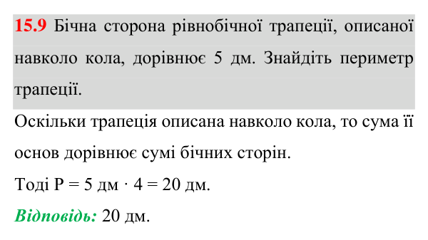 Відповідь до завдання 15.9 (с. 137) з математики для 8 класу (Істер, 2025): Вписані та описані чотирикутники