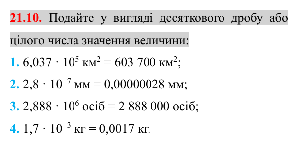 Відповідь до завдання 21.10 (с. 172) з математики для 8 класу (Істер, 2025): Стандартний вигляд числа