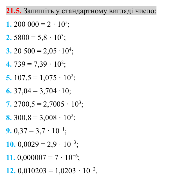 Завдання 21.5 Відповідь до завдання 21.5 (с. 171) з математики для 8 класу (Істер, 2025): Стандартний вигляд числа