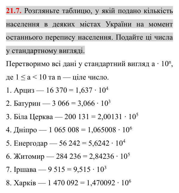 Завдання 21.7 Відповідь до завдання 21.7 (с. 171) з математики для 8 класу (Істер, 2025): Стандартний вигляд числа