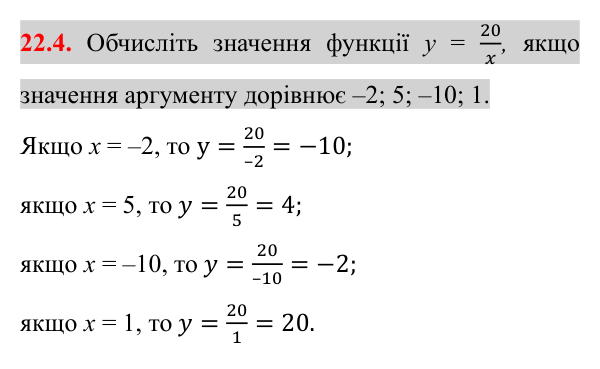 Відповідь до завдання 22.4 (с. 179) з математики для 8 класу (Істер, 2025): Функція y = k/x, її графік і властивості