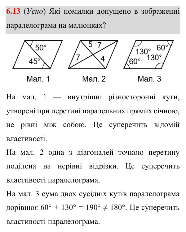 Завдання 6.13 Відповідь до завдання 6.13 (с. 65) з математики для 8 класу (Істер, 2025): Паралелограм, його властивості й ознаки
