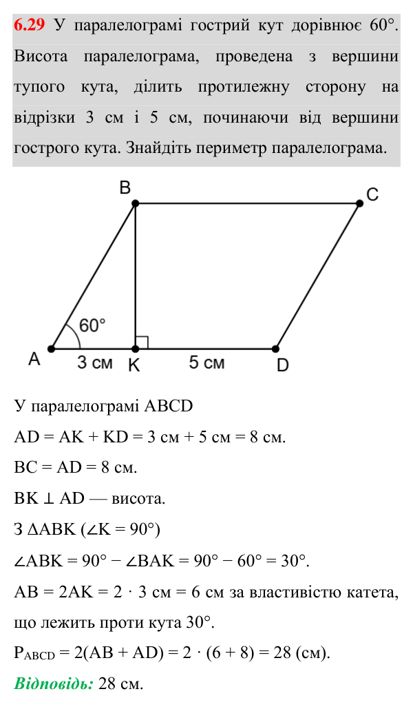 Відповідь до завдання 6.29 (с. 66) з математики для 8 класу (Істер, 2025): Паралелограм, його властивості й ознаки