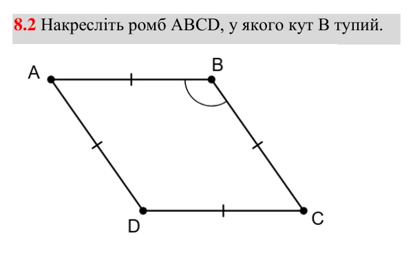 Завдання 8.2 Відповідь до завдання 8.2 (с. 75) з математики для 8 класу (Істер, 2025): Ромб і його властивості