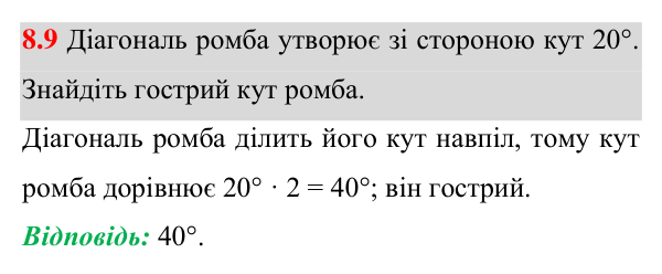 Відповідь до завдання 8.9 (с. 75) з математики для 8 класу (Істер, 2025): Ромб і його властивості