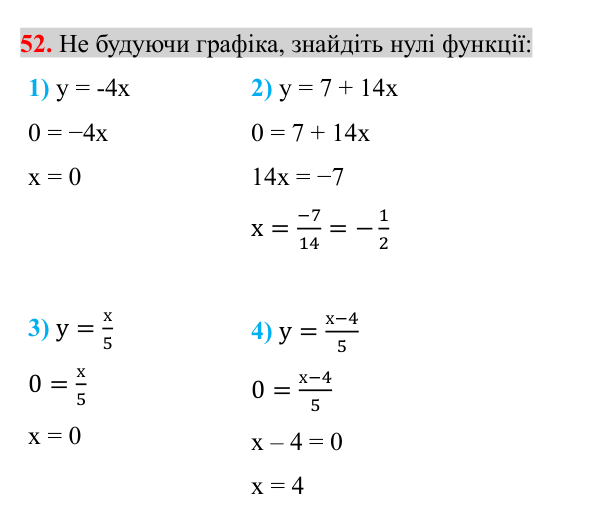 Завдання 52 (повторення алгебри за 7 клас) Відповідь до завдання 52 (с. 9) з повторення алгебри за 7 клас для 8 класу (Істер, 2025): Функції