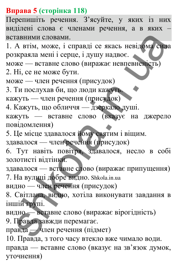 Відповідь до вправи 5 (с. 118) з української мови для 8 класу (Голуб, 2025): Вставні слова, словосполучення, речення