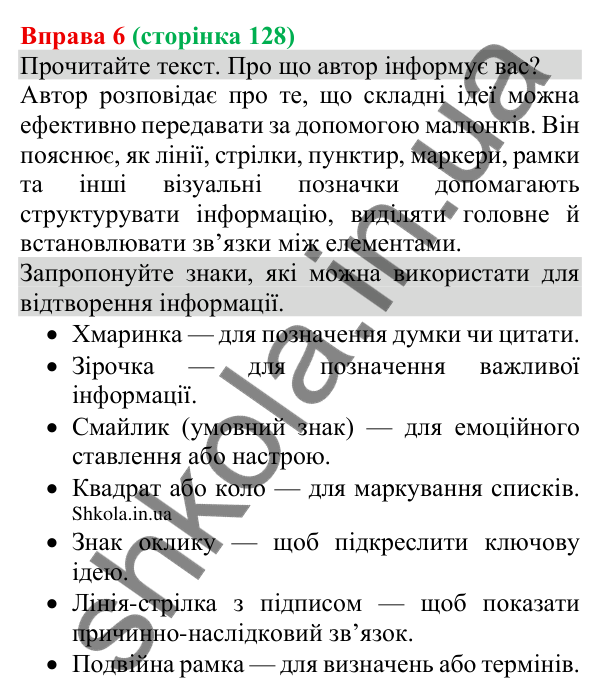 Відповідь до вправи 6 (с. 128) з української мови для 8 класу (Голуб, 2025): Знаки довкола нас як засіб інформування