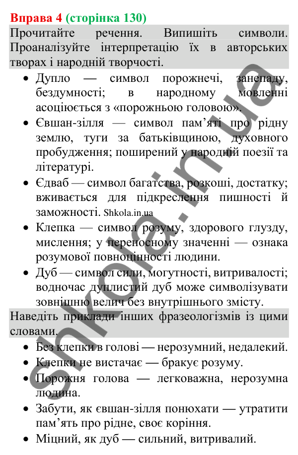 Відповідь до вправи 4 (с. 130) з української мови для 8 класу (Голуб, 2025): Українські знаки-символи