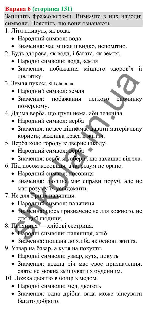 Відповідь до вправи 6 (с. 131) з української мови для 8 класу (Голуб, 2025): Українські знаки-символи