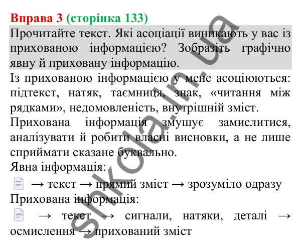 Відповідь до вправи 3 (с. 133) з української мови для 8 класу (Голуб, 2025): Явний і прихований зміст інформації