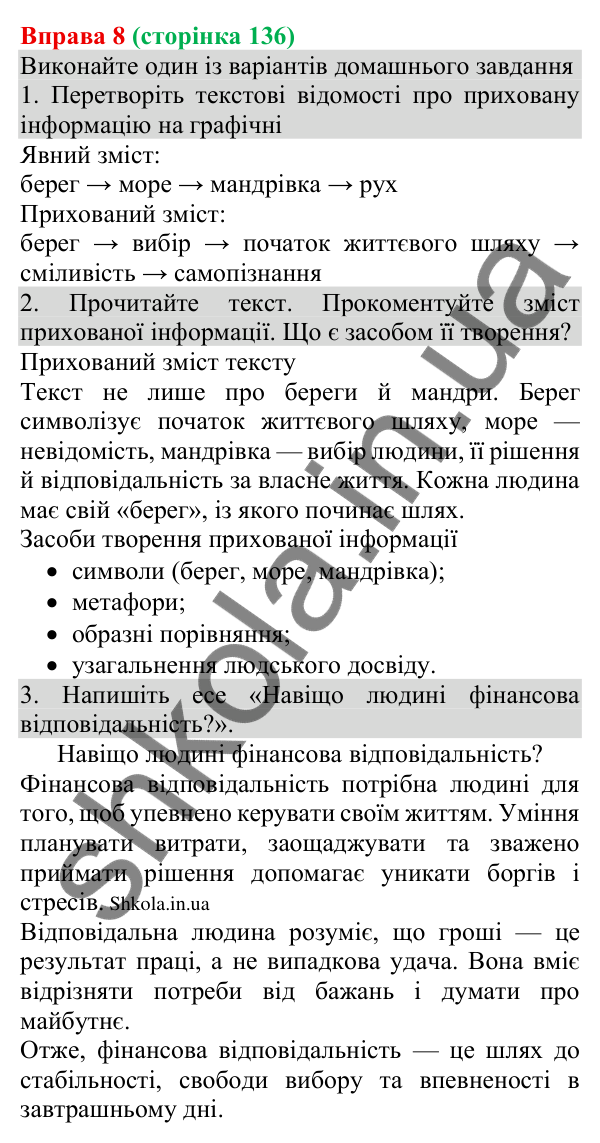 Відповідь до вправи 8 (с. 136) з української мови для 8 класу (Голуб, 2025): Явний і прихований зміст інформації