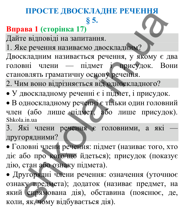 Відповідь до вправи 1 (с. 17) з української мови для 8 класу (Голуб, 2025): Головні й другорядні члени речення