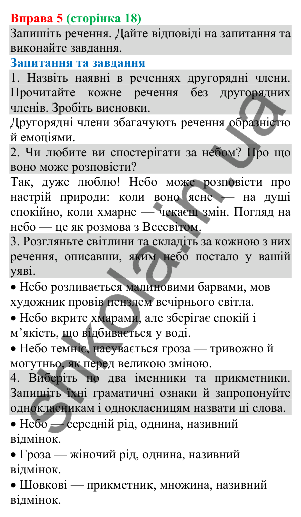 Відповідь до вправи 5 (с. 18) з української мови для 8 класу (Голуб, 2025): Головні й другорядні члени речення