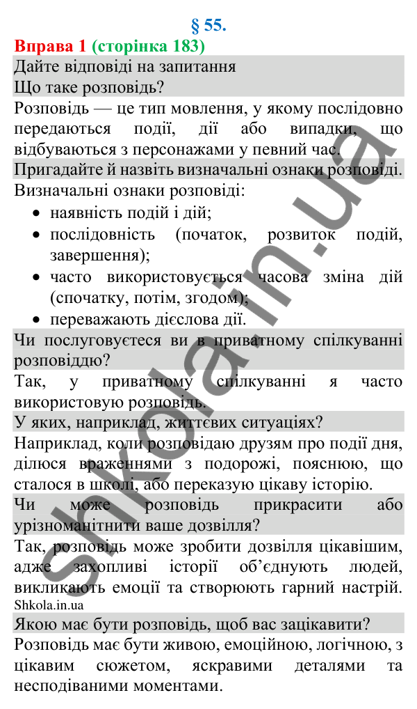 Відповідь до вправи 1 (с. 183) з української мови для 8 класу (Голуб, 2025): Розповідь у приватному спілкуванні