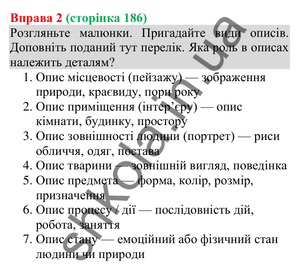 Відповідь до вправи 2 (с. 186) з української мови для 8 класу (Голуб, 2025): Опис як елемент мовлення
