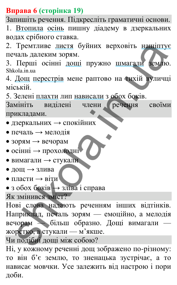 Відповідь до вправи 6 (с. 19) з української мови для 8 класу (Голуб, 2025): Головні й другорядні члени речення