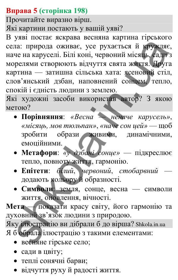 Відповідь до вправи 5 (с. 198) з української мови для 8 класу (Голуб, 2025): Естетична та мистецька цінність тексту