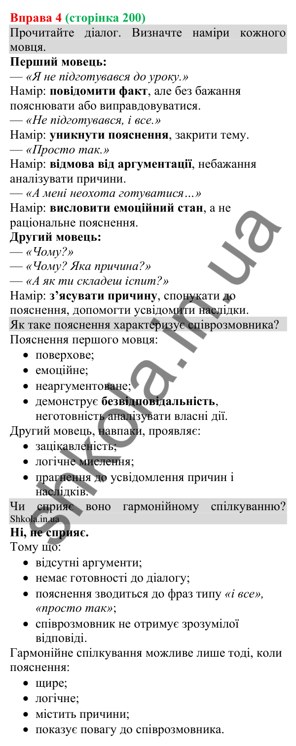 Відповідь до вправи 4 (с. 200) з української мови для 8 класу (Голуб, 2025): Пояснення