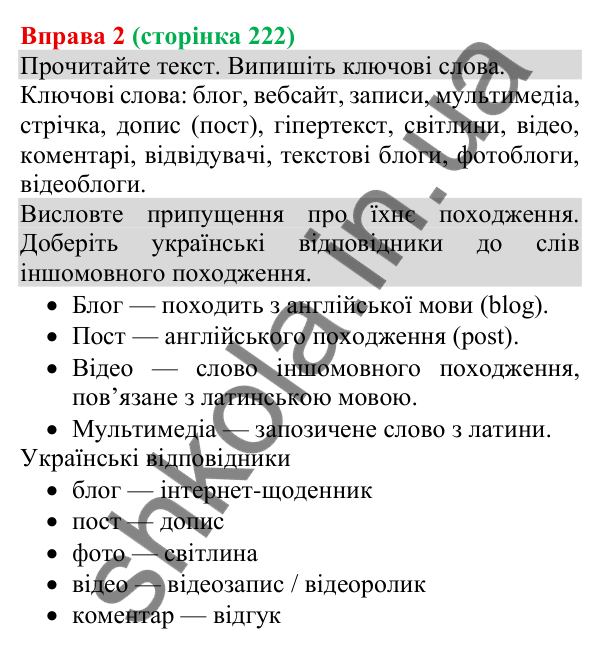 Відповідь до вправи 2 (с. 222) з української мови для 8 класу (Голуб, 2025): Блог