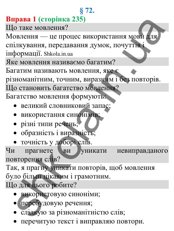 Відповідь до вправи 1 (с. 235) з української мови для 8 класу (Голуб, 2025): Ознаки багатого мовлення