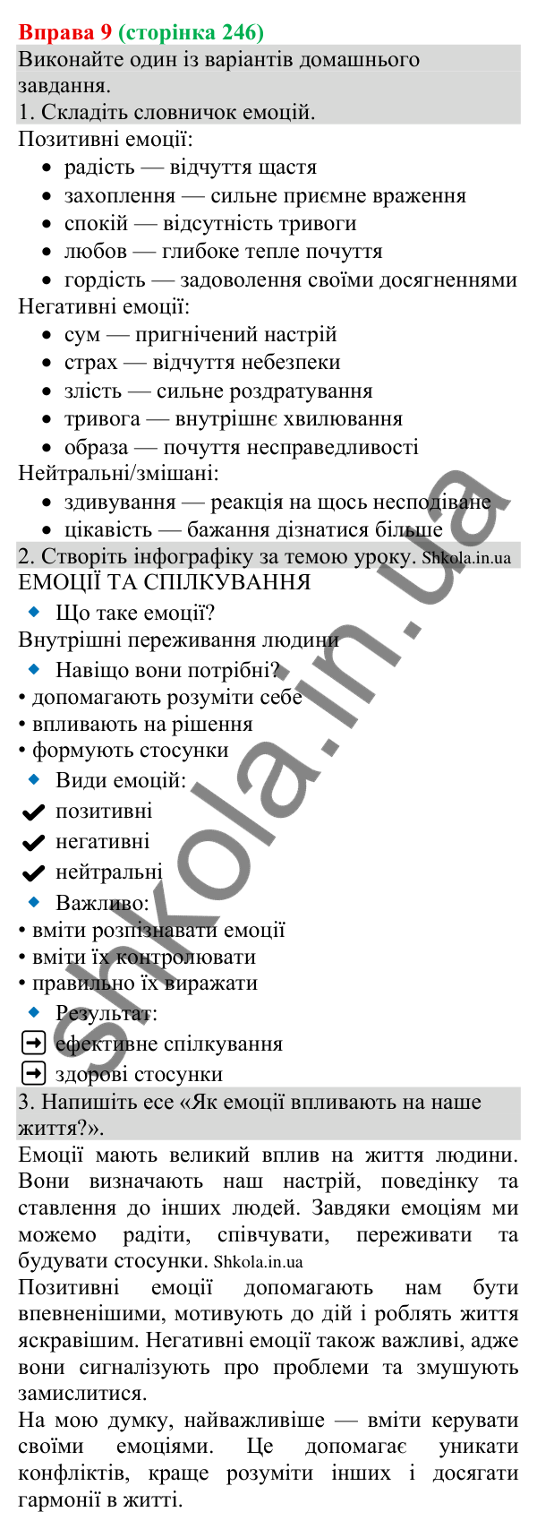 Відповідь до вправи 9 (с. 246) з української мови для 8 класу (Голуб, 2025): Емоції в процесі спілкування