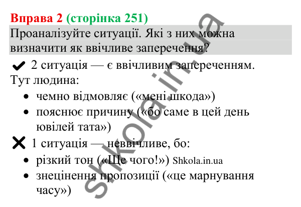 Відповідь до вправи 2 (с. 251) з української мови для 8 класу (Голуб, 2025): Увічливе заперечення