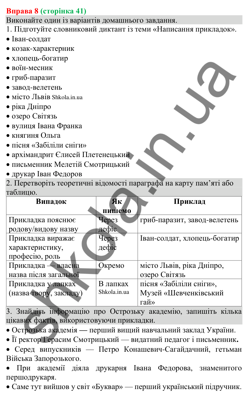 Відповідь до вправи 8 (с. 41) з української мови для 8 класу (Голуб, 2025): Прикладка як різновид означення. Написання…