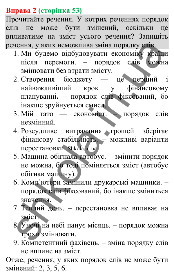 Відповідь до вправи 2 (с. 53) з української мови для 8 класу (Голуб, 2025): Порядок слів у реченні. Логічний наголос