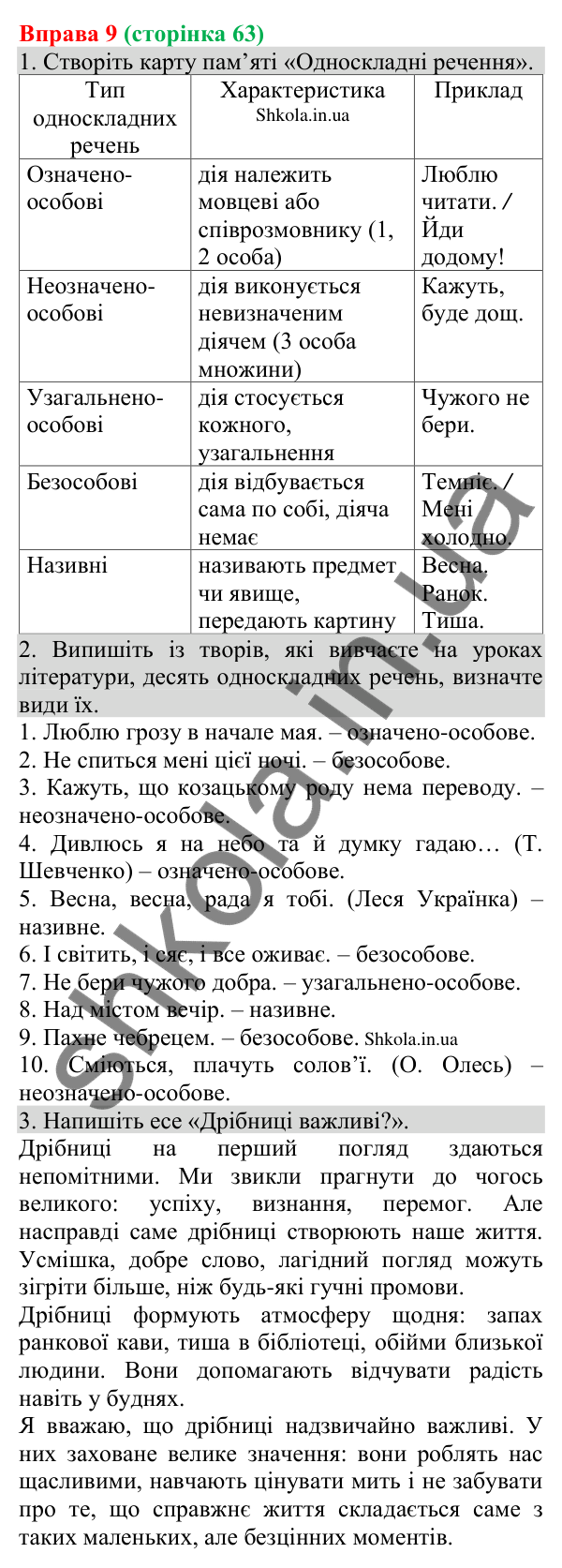 Відповідь до вправи 9 (с. 63) з української мови для 8 класу (Голуб, 2025): Односкладні речення. Односкладне називне речення