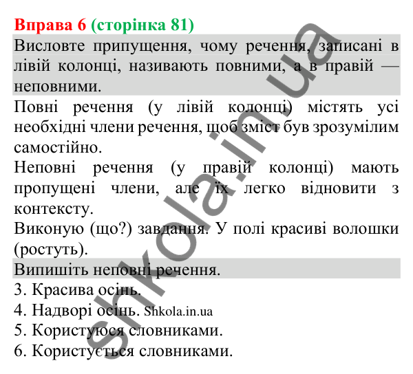 Відповідь до вправи 6 (с. 81) з української мови для 8 класу (Голуб, 2025): Повні й неповні речення. Тире в неповних реченнях