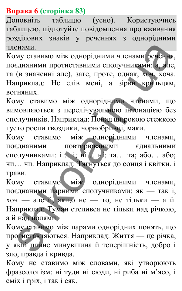 Відповідь до вправи 6 (с. 83) з української мови для 8 класу (Голуб, 2025): Однорідні члени речення: поглиблене повторення
