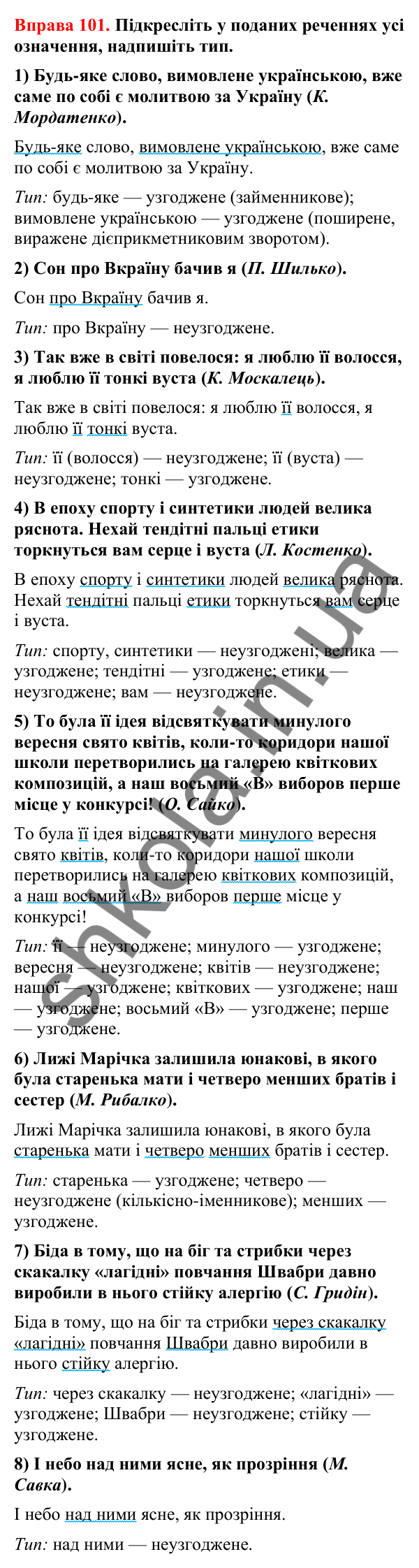 Відповіді до вправи 101 (с. 84) з української мови для 8 класу (Літвінова, 2025): Означення як другорядний член речення