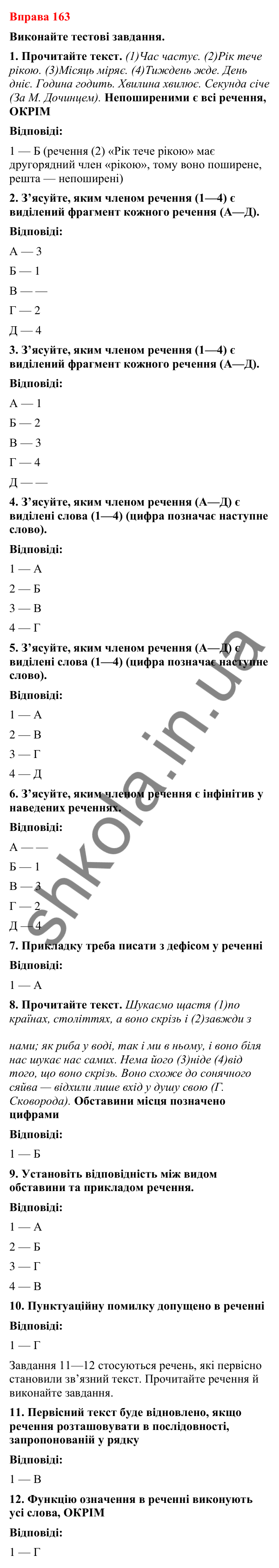 Відповіді до вправи 163 (с. 131) з української мови для 8 класу (Літвінова, 2025): Порядок слів у реченні. Логічний наголос